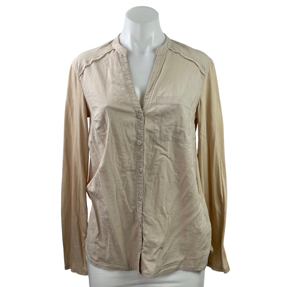 Splendid Women's Beige Long Sleeve V Neck Pocket Button Down Shirt Top Size XS